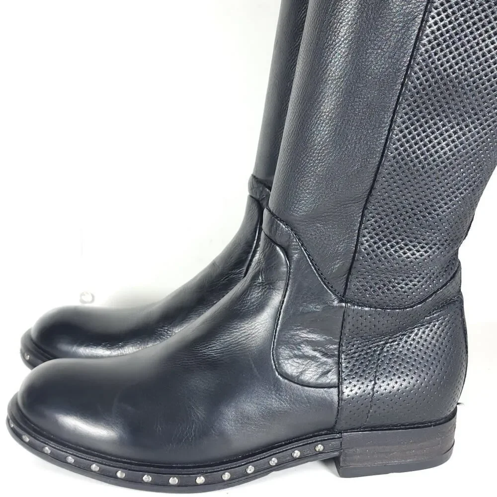 A.S.98 Women's US36 EU6 Black Soft Leather Zip Studded Tall Over The Knee Boots